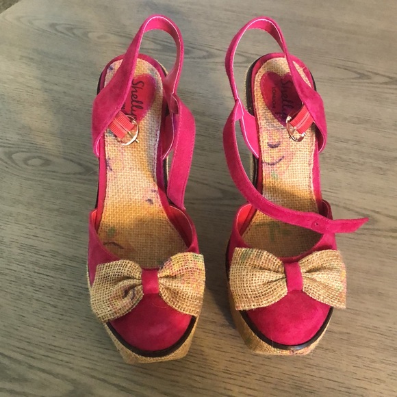 Shellys London Platform Pink Wedges with a Bow 39/ Size 9 - Picture 2 of 8